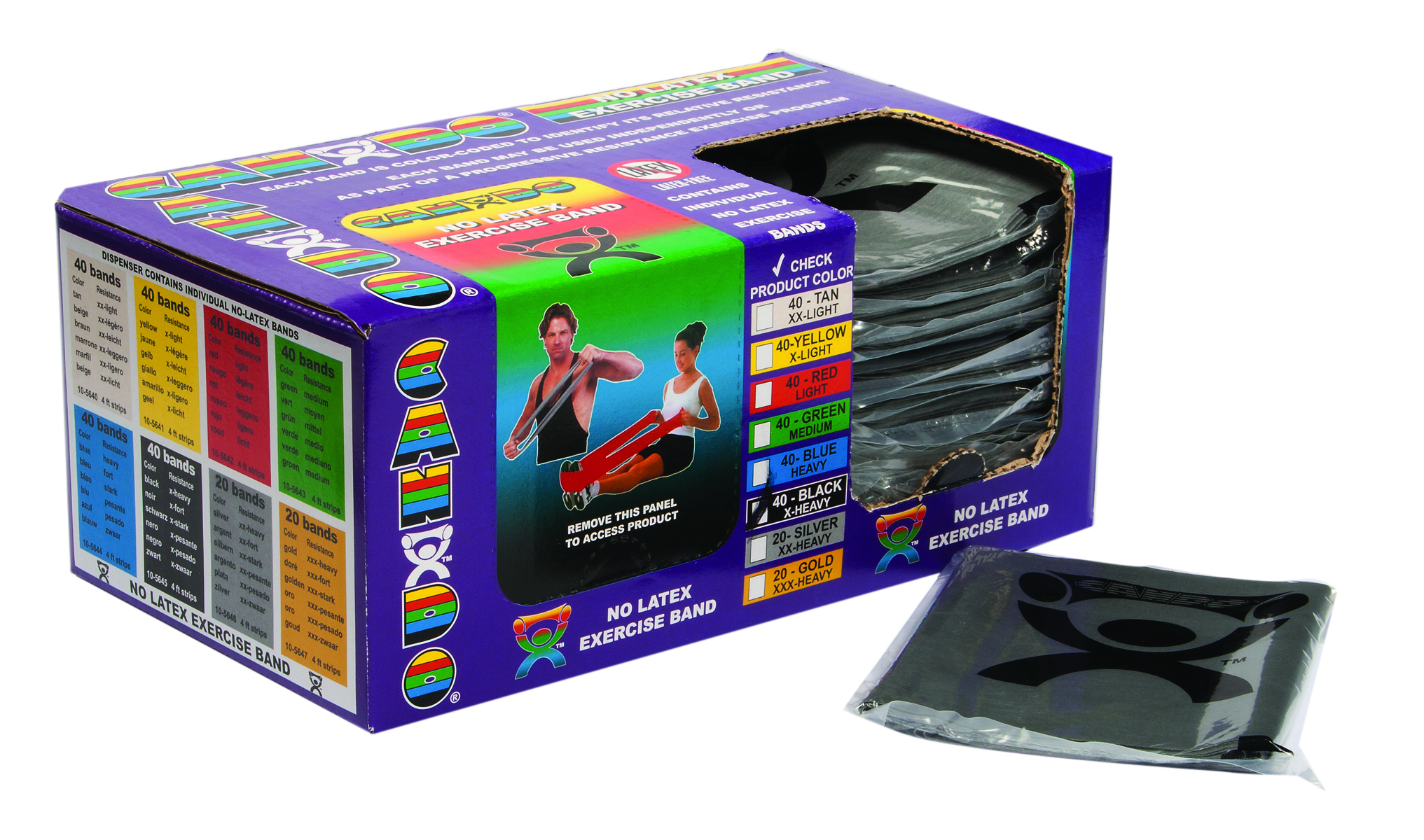 CanDo Latex Free Exercise Band - box of 40 4' length - Black - x-heavy