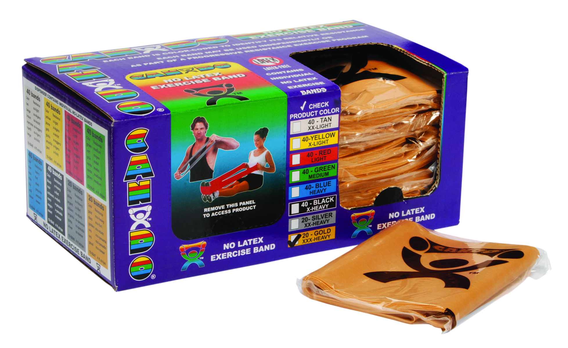 CanDo Latex Free Exercise Band - case of 40 (2 ea: boxes of 20) 4' length - Gold - xxx-heavy