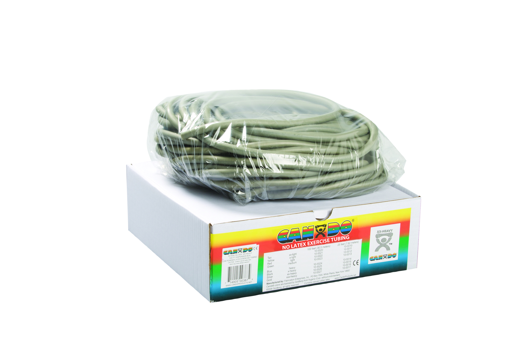CanDo Latex Free Exercise Tubing - 100' dispenser roll - Silver - xx-heavy