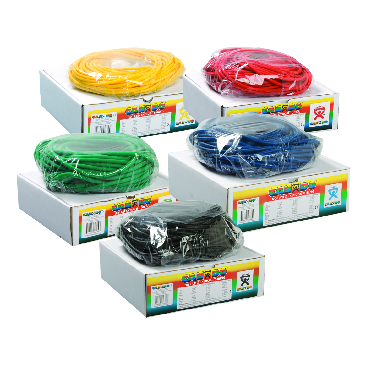 CanDo Latex Free Exercise Tubing - 100' dispenser rolls 5-piece set (1 each: yellow red green blue black)