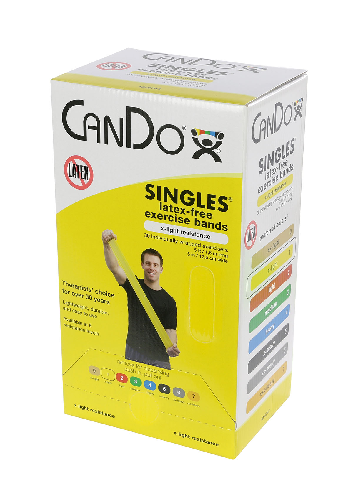 CanDo Latex Free Exercise Band - box of 30 5' length - Yellow - x-light