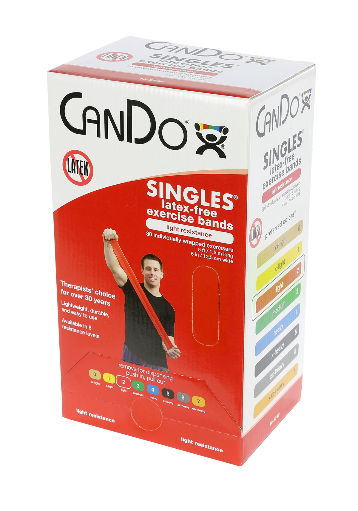 CanDo Latex Free Exercise Band - box of 30 5' length - Red - light