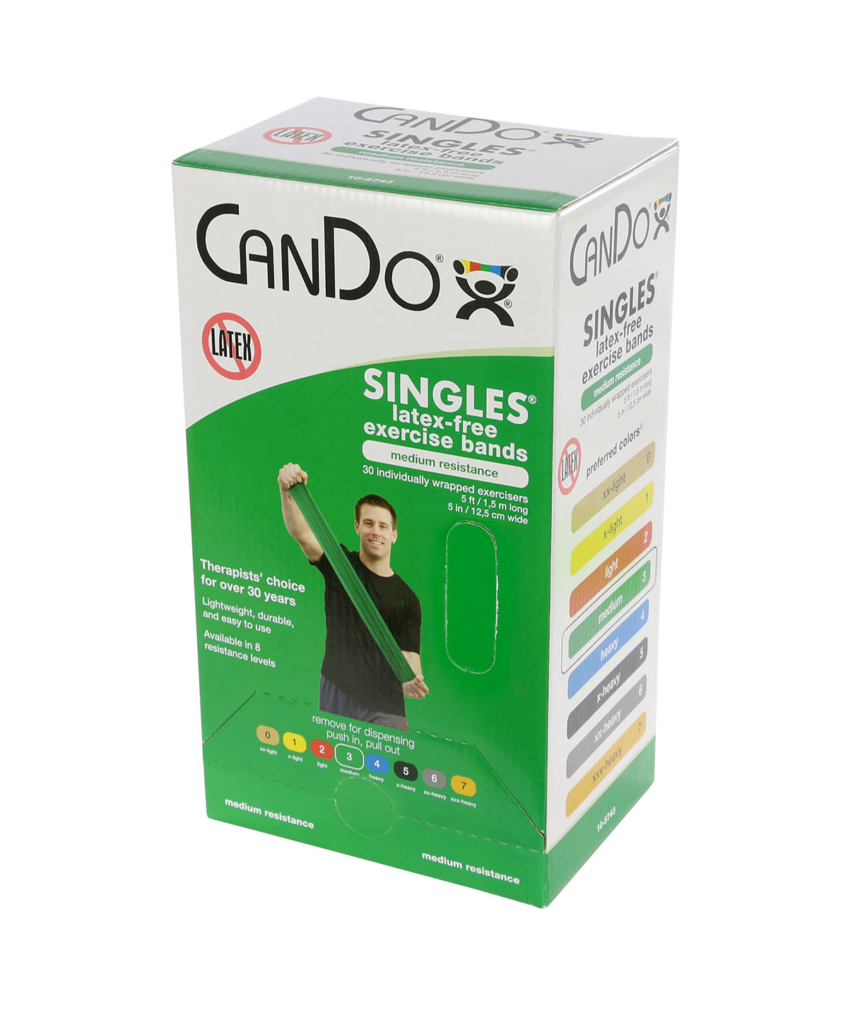 CanDo Latex Free Exercise Band - box of 30 5' length - Green - medium