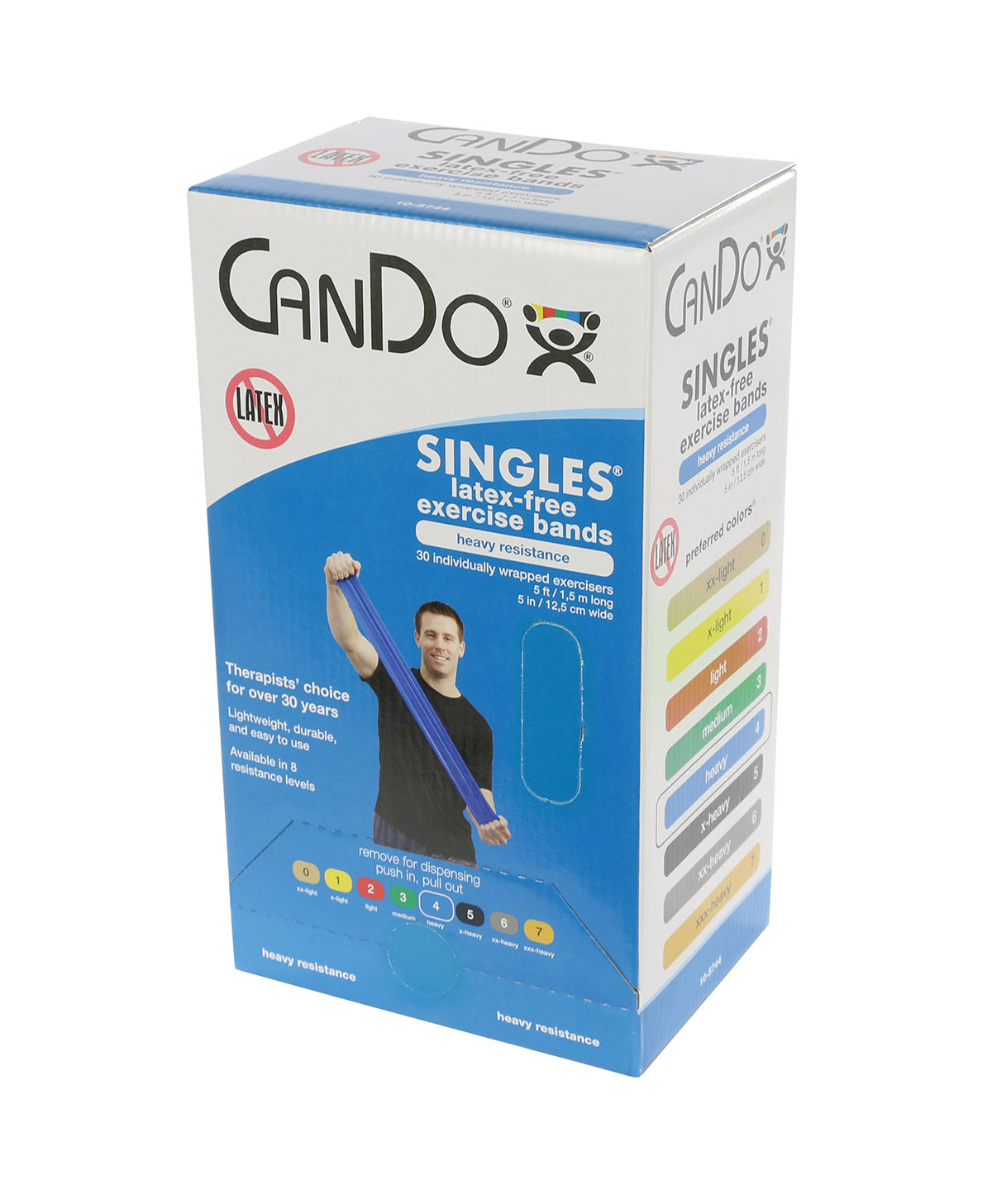 CanDo Latex Free Exercise Band - box of 30 5' length - Blue - heavy