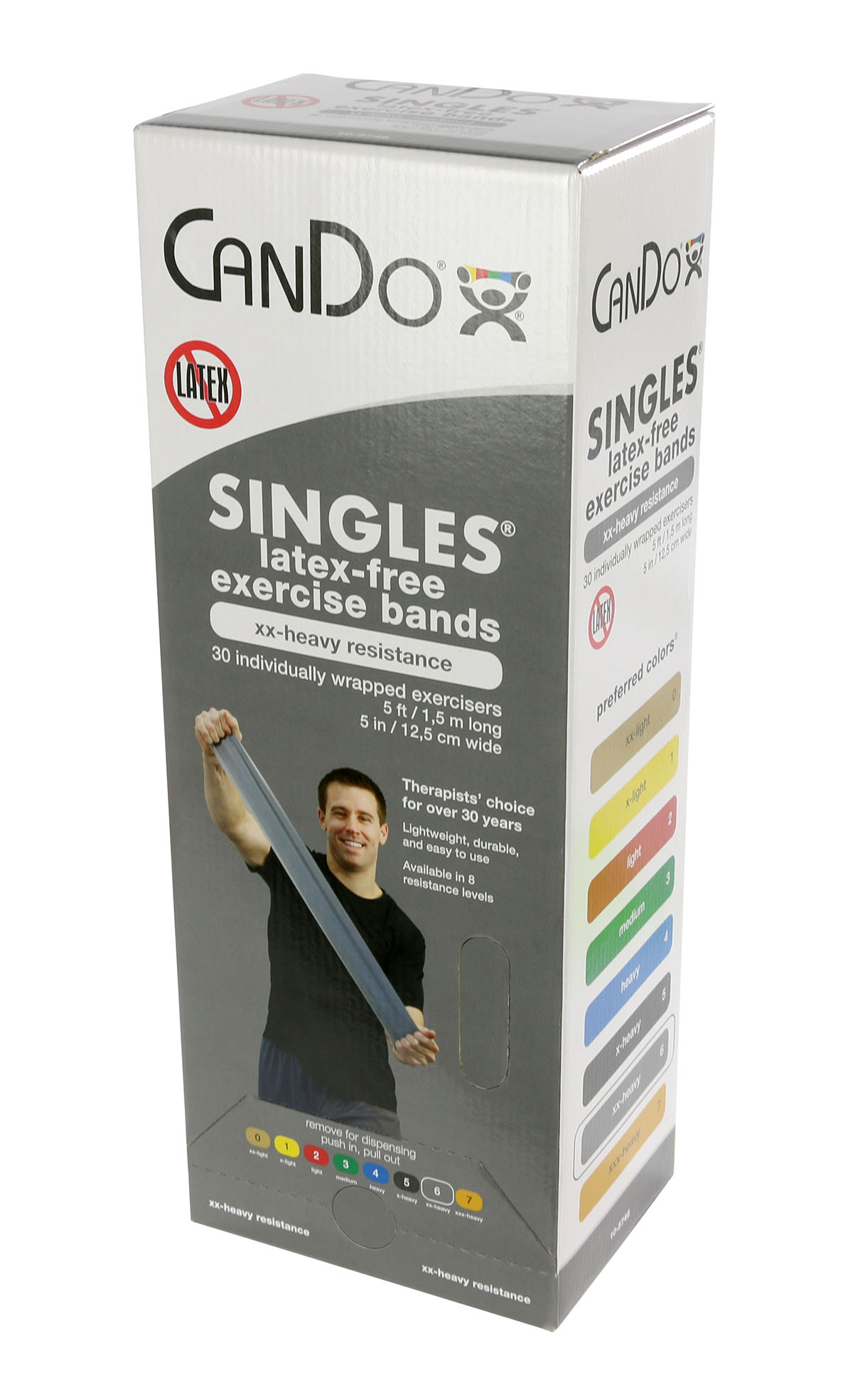 CanDo Latex Free Exercise Band - box of 30 5' length - Silver - xx-heavy