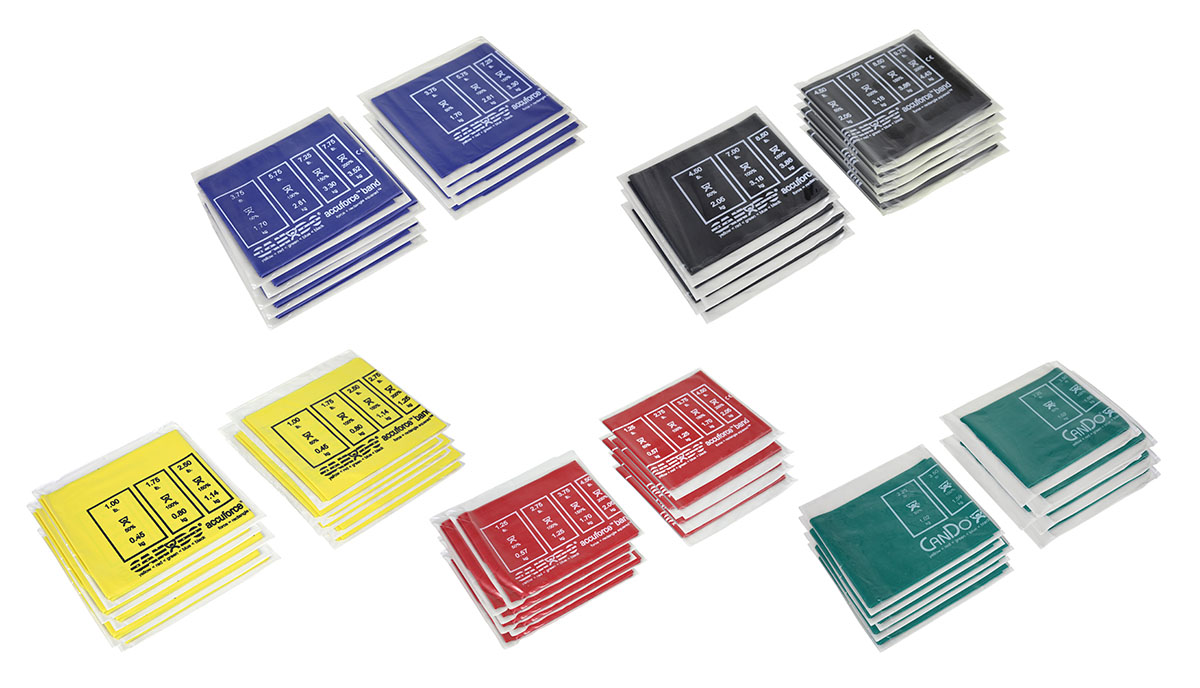 CanDo AccuForce Exercise Band - boxes of 40 4' lengths 5-piece set (1 each: yellow red green blue black)
