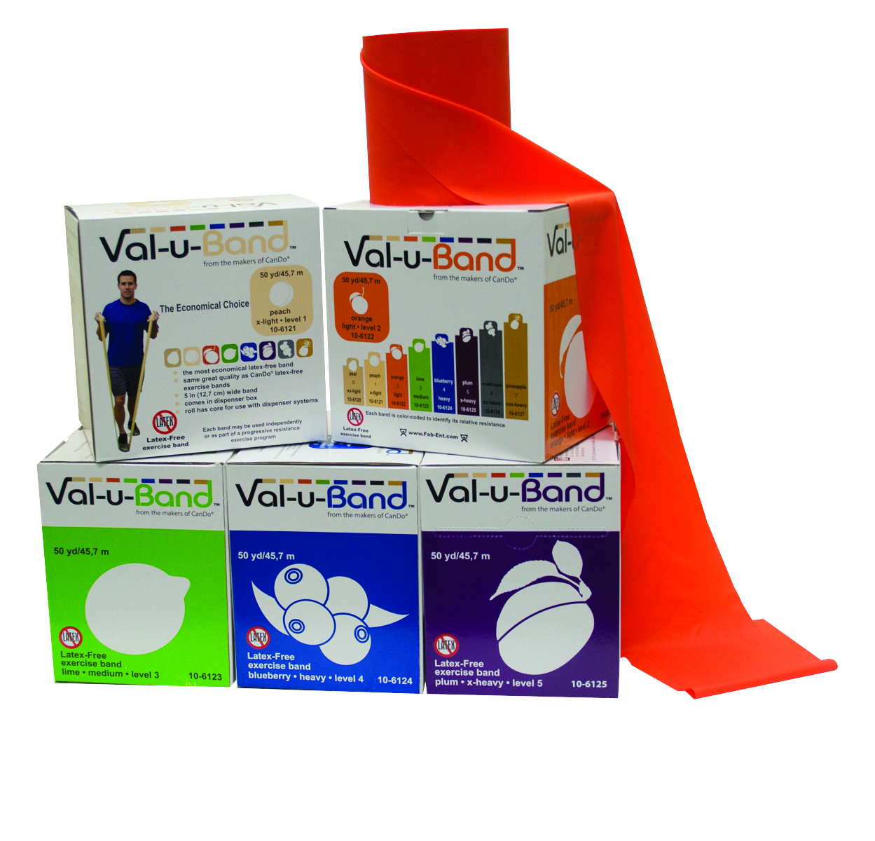 Val-u-Band Resistance Bands Dispenser Roll 50 Yds. 5-Piece Set Peach Orange Lime Blueberry Plum Latex-Free