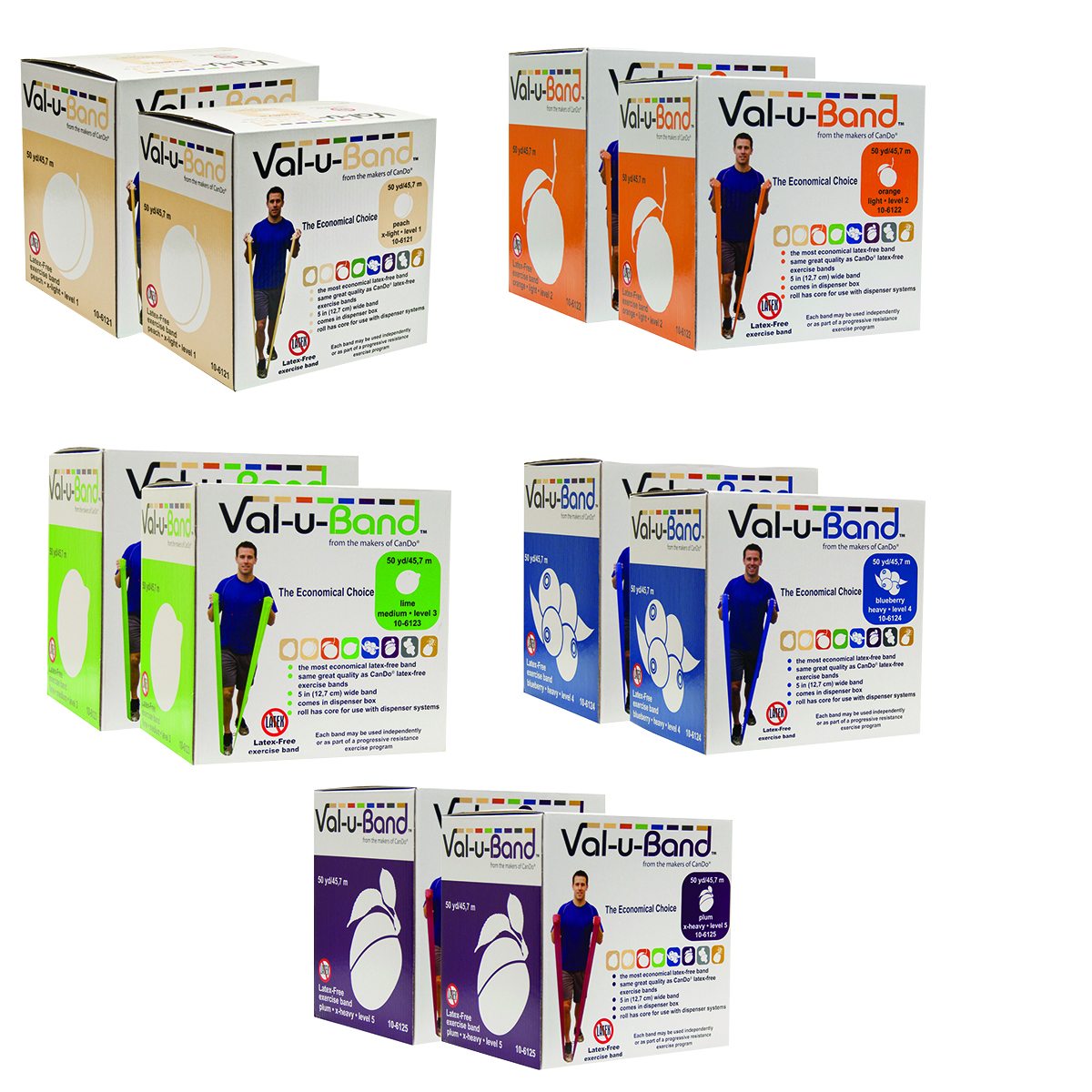 Val-u-Band Resistance Bands Dispenser Roll 100 Yds. (2 x 50 Yds.) 5-Piece Set Peach Orange Lime Blueberry Plum Latex-Free