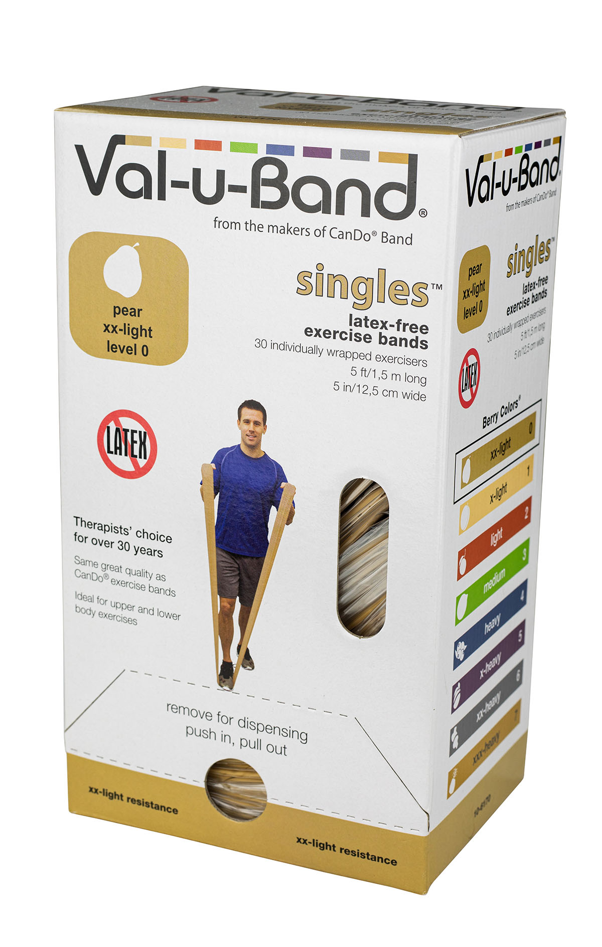 Val-u-Band Resistance Bands Pre-Cut Strip 5' Pear-Level 0/7 Case of 30 Latex-Free