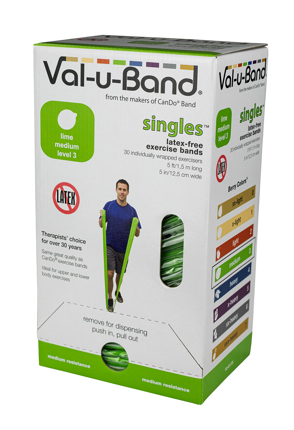 Val-u-Band Resistance Bands Pre-Cut Strip 5' Lime-Level 3/7 Case of 30 Latex-Free