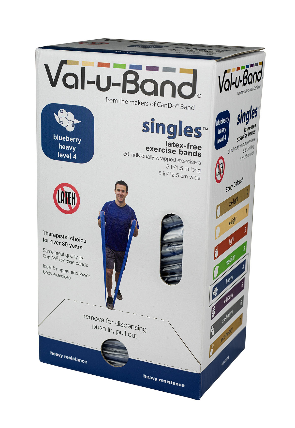 Val-u-Band Resistance Bands Pre-Cut Strip 5' Blueberry-Level 4/7 Case of 30 Latex-Free