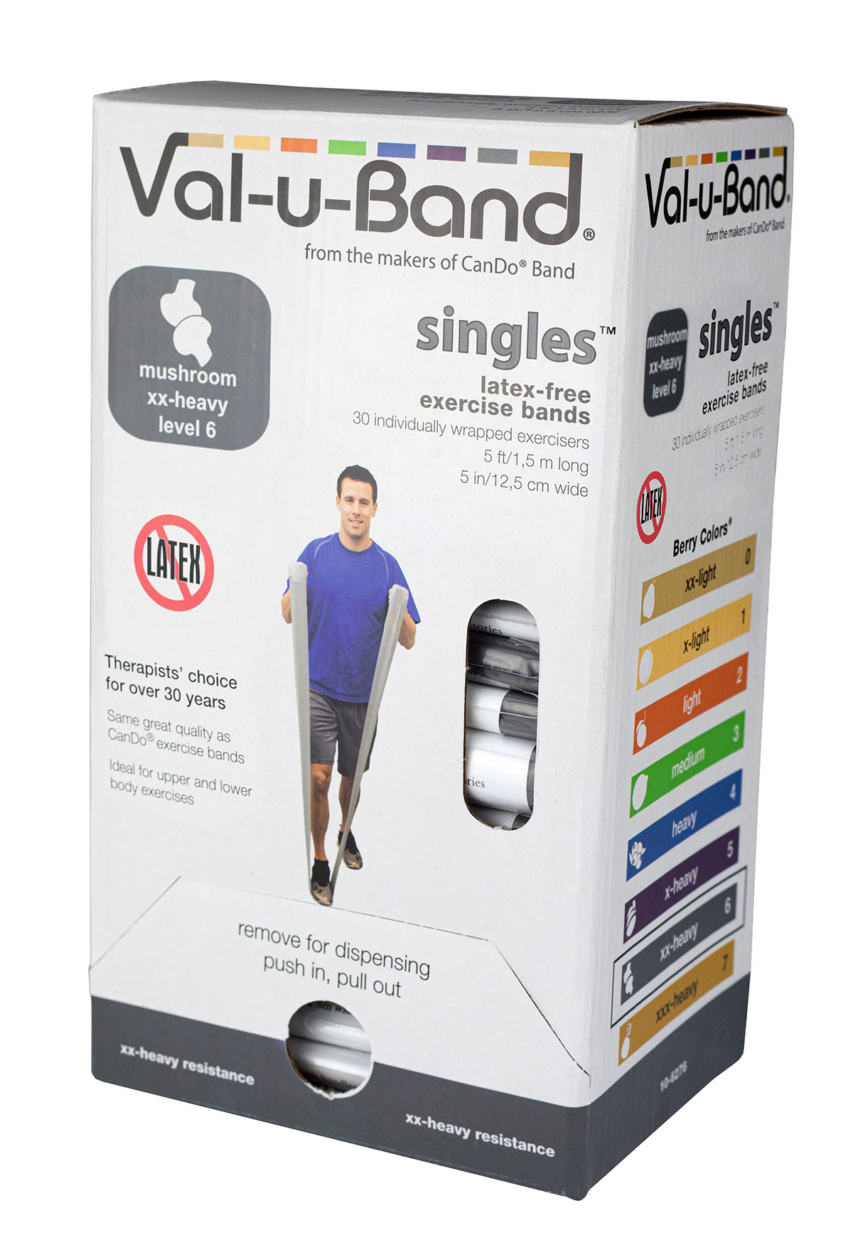Val-u-Band Resistance Bands Pre-Cut Strip 5' Mushroom-Level 6/7 Case of 30 Latex-Free