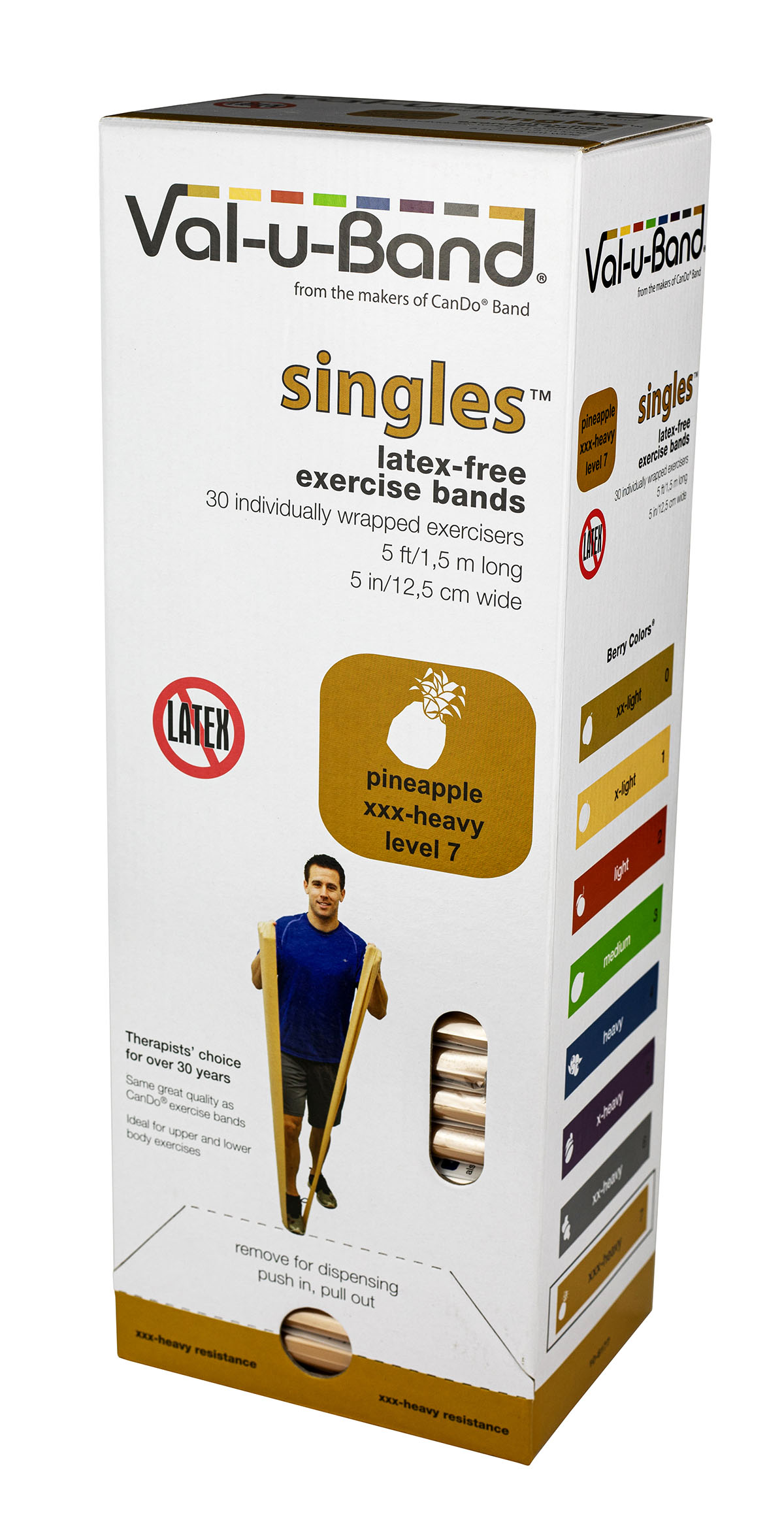 Val-u-Band Resistance Bands Pre-Cut Strip 5' Pineapple-Level 7/7 Case of 30 Latex-Free