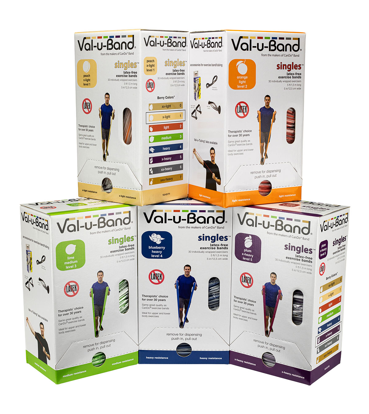 Val-u-Band Resistance Bands Pre-Cut Strip 5' 5 Cases of 30 Units Each Peach Orange Lime Blueberry Plum Latex-Free