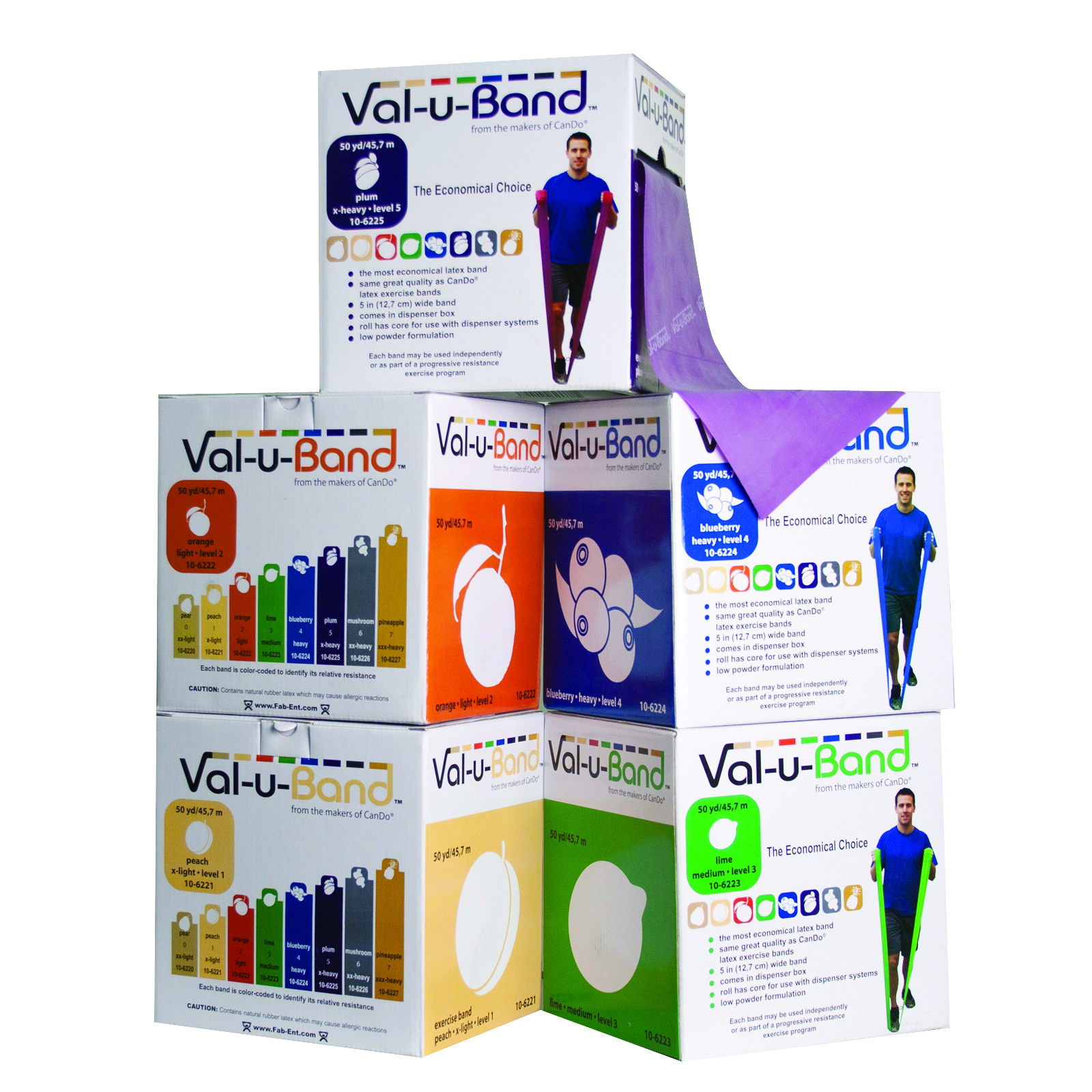 Val-u-Band Resistance Bands Dispenser Roll 50 Yds. 5-Piece Set Peach Orange Lime Blueberry Plum Contains Latex