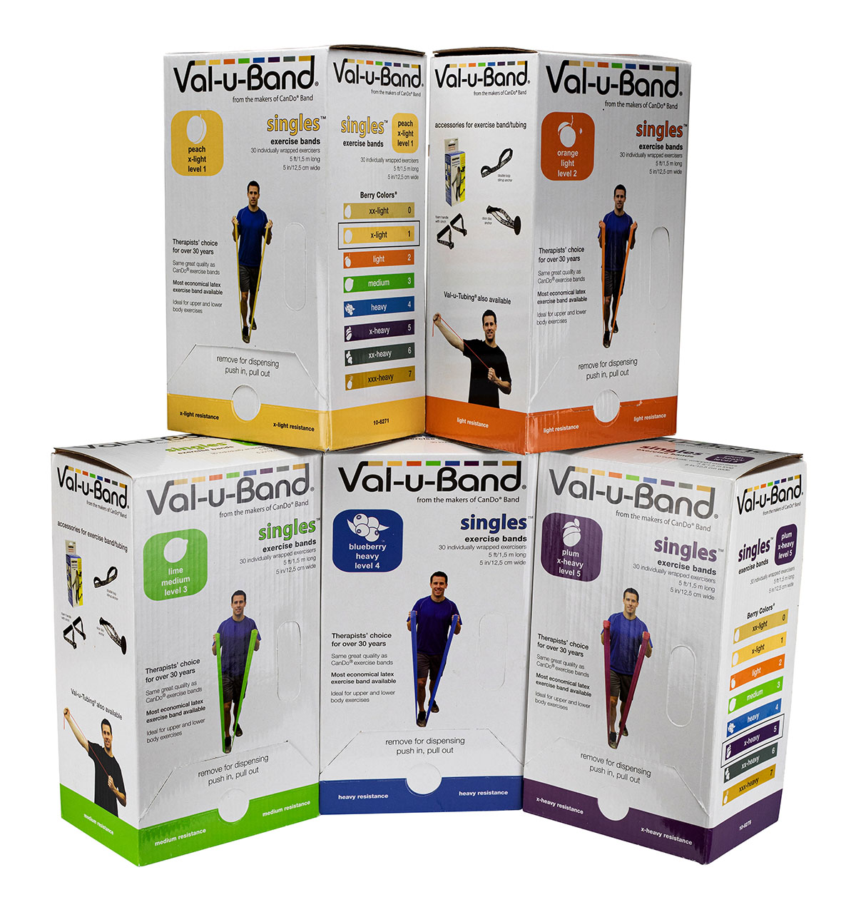 Val-u-Band Resistance Bands Pre-Cut Strip 5' 5 Cases of 30 Units Each Peach Orange Lime Blueberry Plum Contains Latex