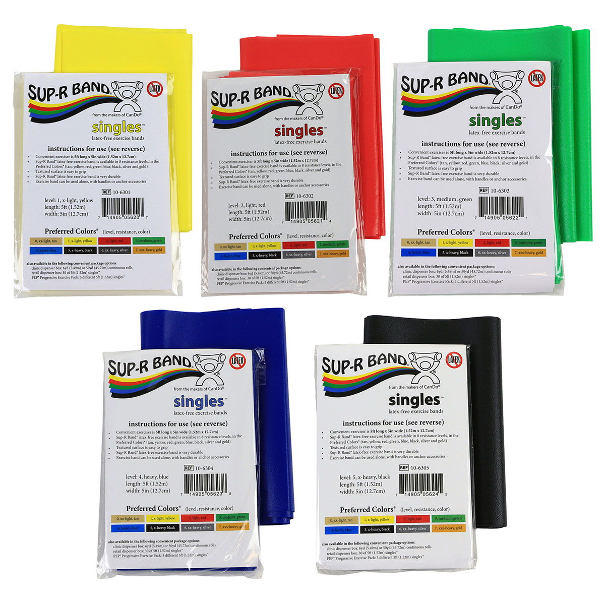 Sup-R Band Latex Free Exercise Band - 5 foot Singles 5-piece set (1 each: yellow red green blue black)