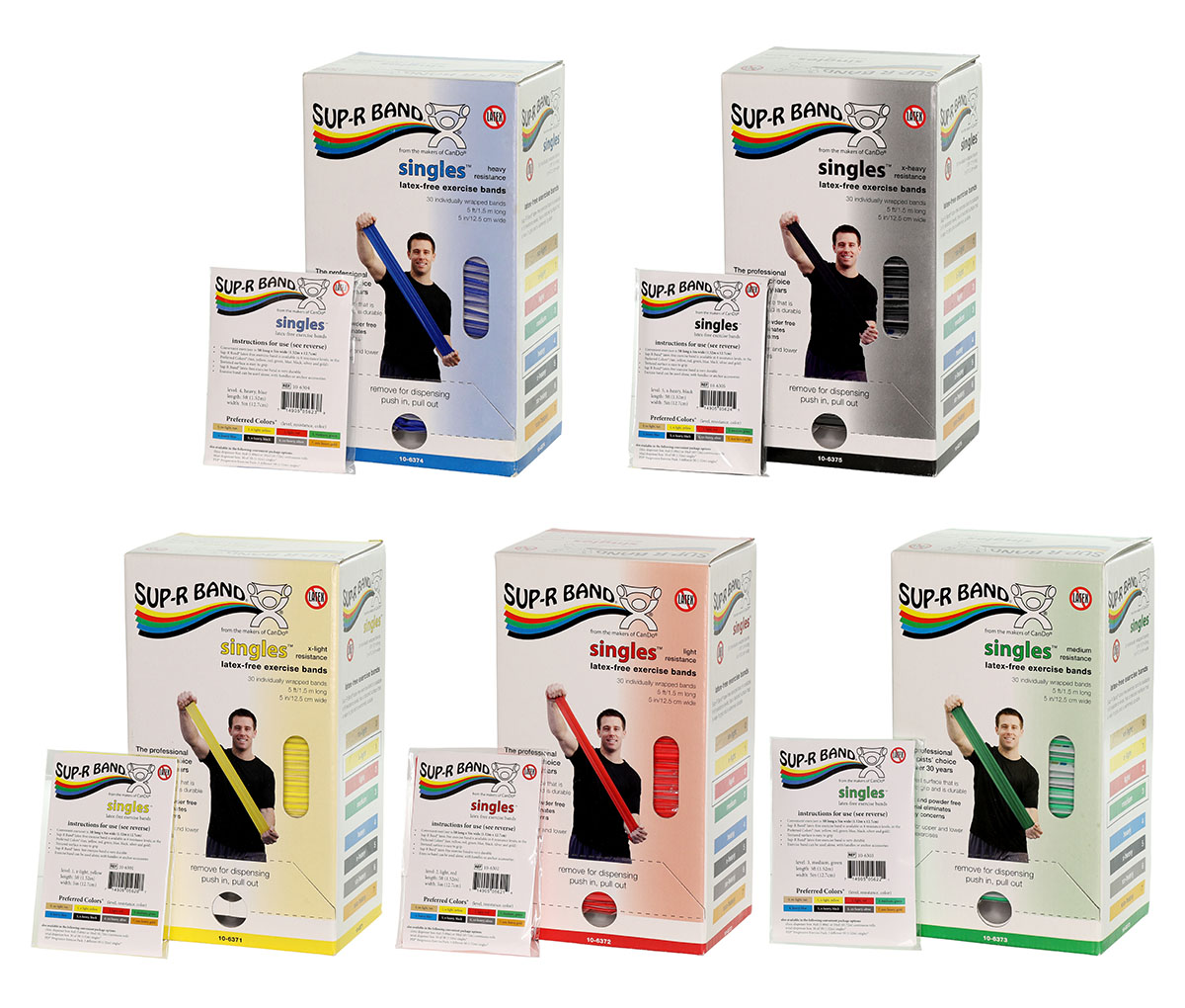 Sup-R Band latex-free 5 foot Singles 30 piece dispenser 5-piece set (1 each: yellow red green blue black)