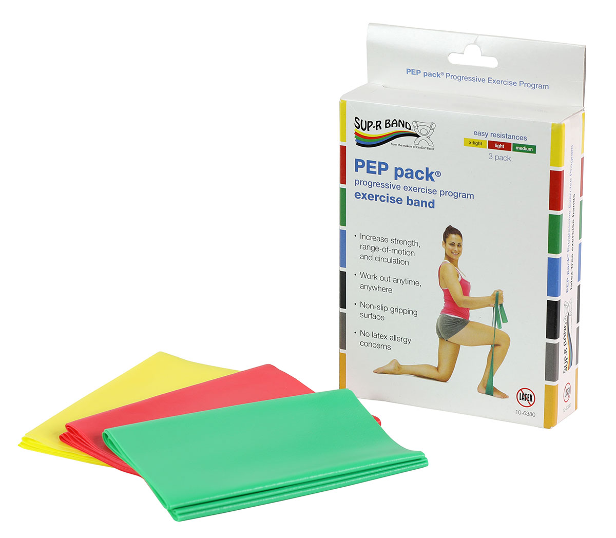 Sup-R Band Latex Free Exercise Band - PEP pack 3-piece set (1 each: yellow red green)