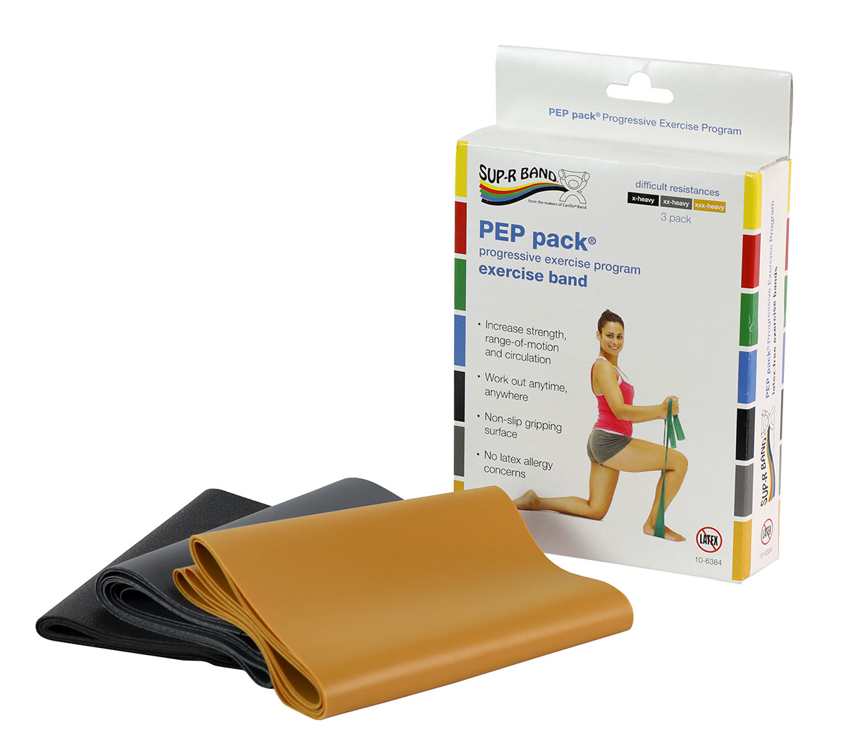 Sup-R Band Latex Free Exercise Band - PEP pack 3-piece set (1 each: black silver gold)