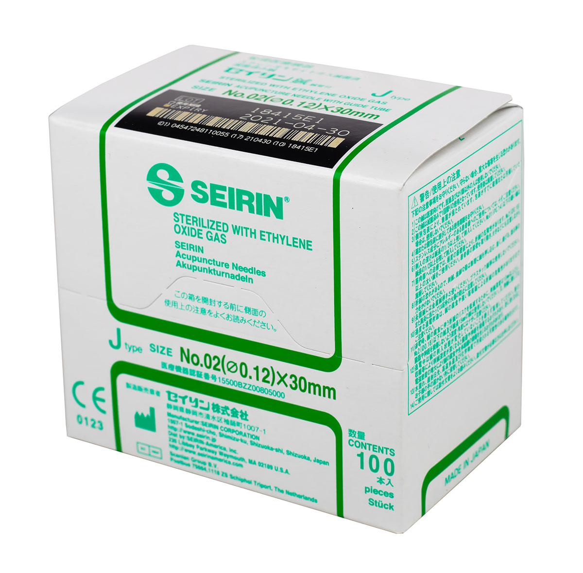 SEIRIN J-Type Acupuncture Needles Size 00/02 (0.12mm) x 30mm Box of 100 Needles