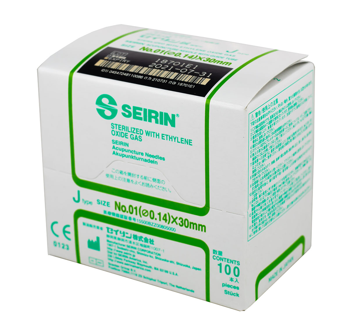SEIRIN J-Type Acupuncture Needles Size 0/01 (0.14mm) x 30mm Box of 100 Needles