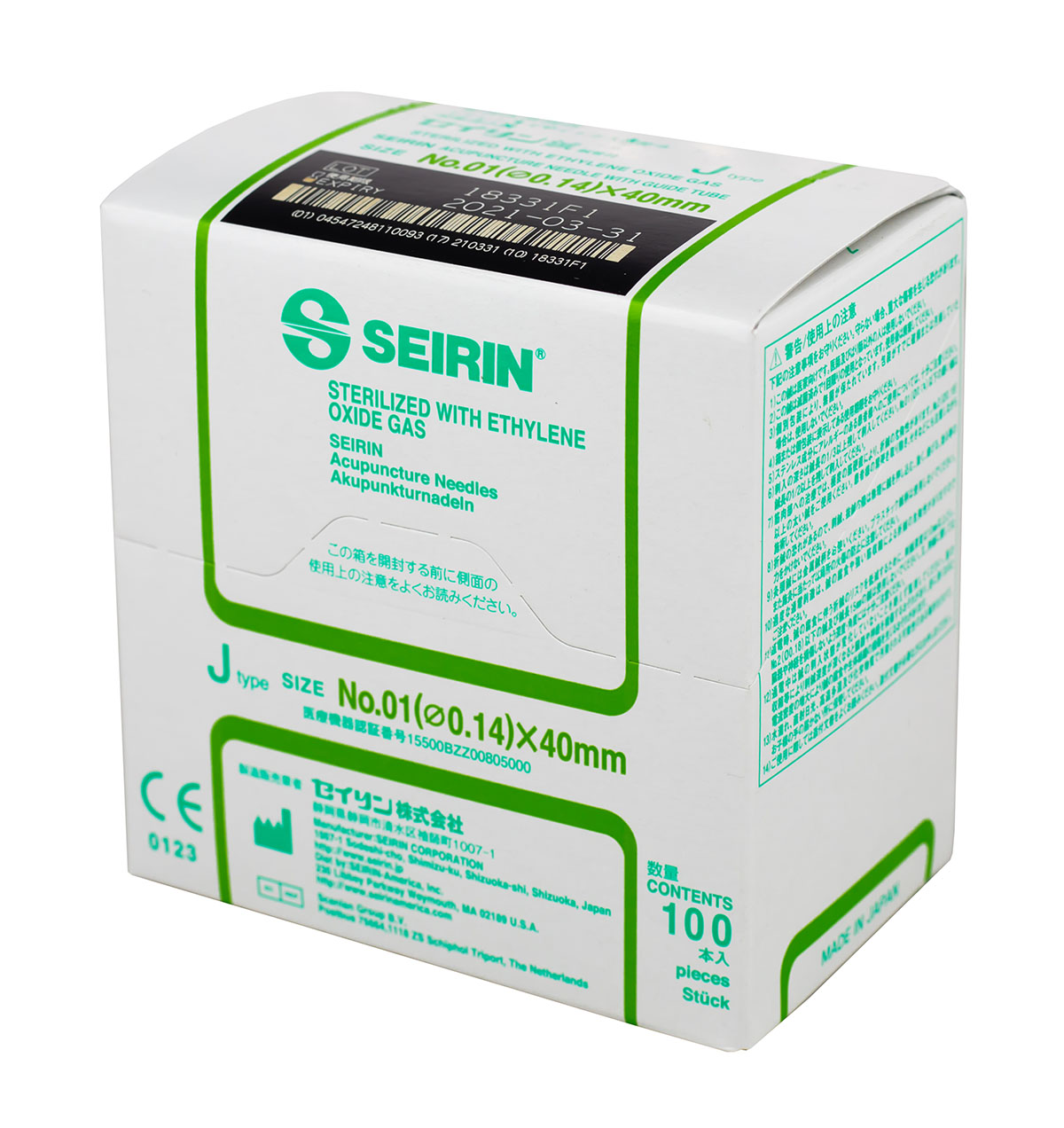 SEIRIN J-Type Acupuncture Needles Size 0/01 (0.14mm) x 40mm Box of 100 Needles