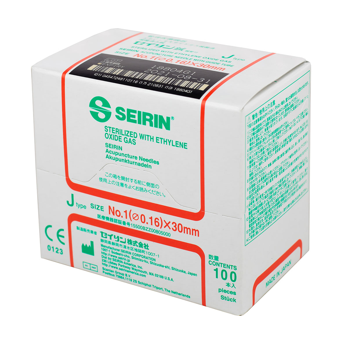 SEIRIN J-Type Acupuncture Needles Size 1 (0.16mm) x 30mm Box of 100 Needles