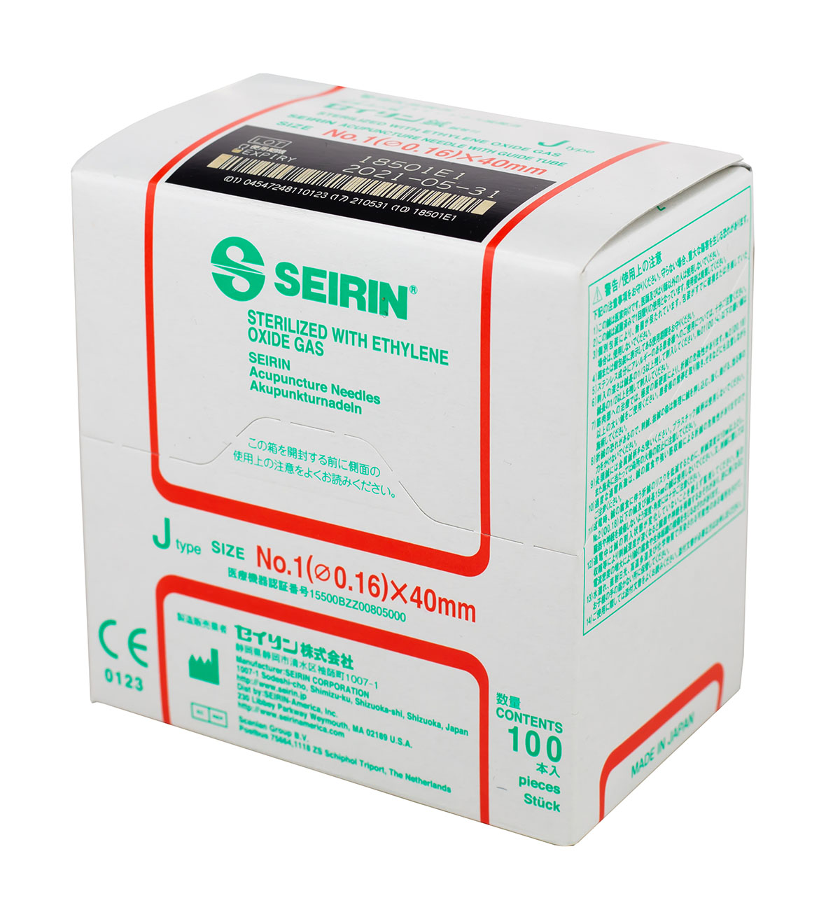 SEIRIN J-Type Acupuncture Needles Size 1 (0.16mm) x 40mm Box of 100 Needles