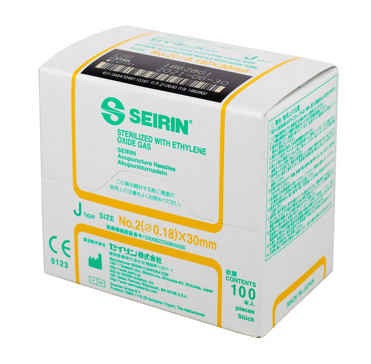 SEIRIN J-Type Acupuncture Needles Size 2 (0.18mm) x 30mm Box of 100 Needles
