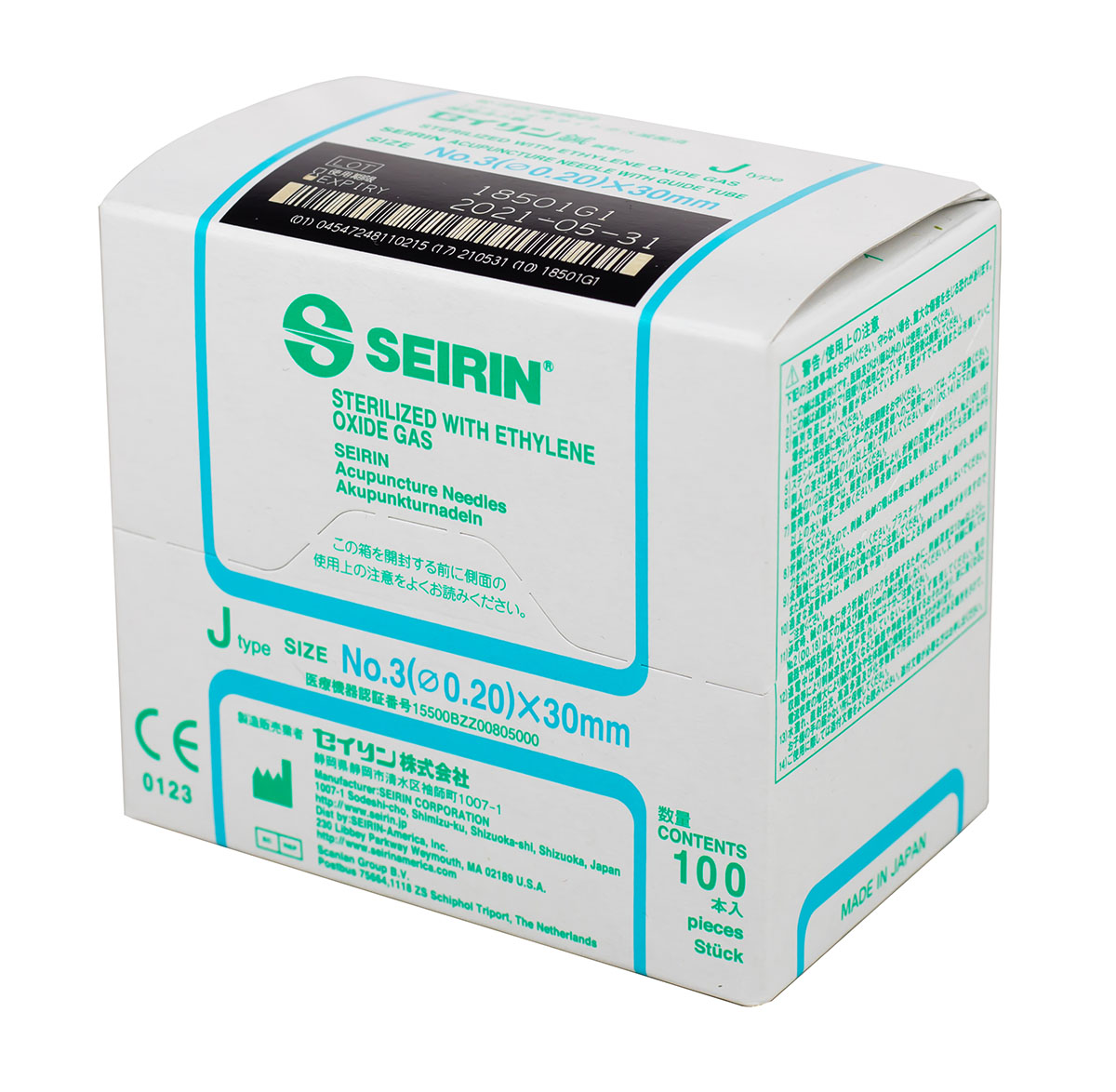 SEIRIN J-Type Acupuncture Needles Size 3 (0.20mm) x 30mm Box of 100 Needles