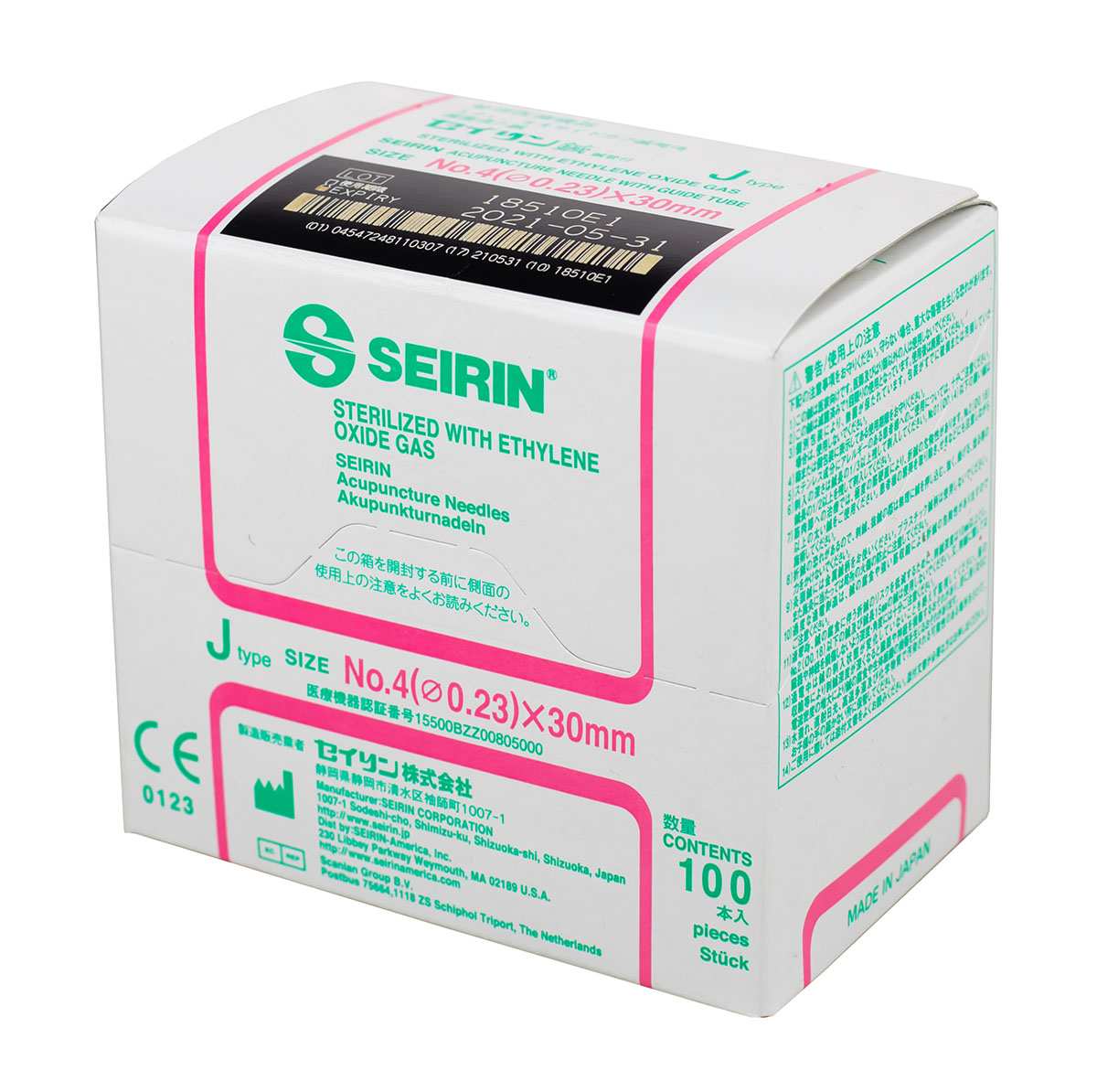 SEIRIN J-Type Acupuncture Needles Size 4 (0.23mm) x 30mm Box of 100 Needles