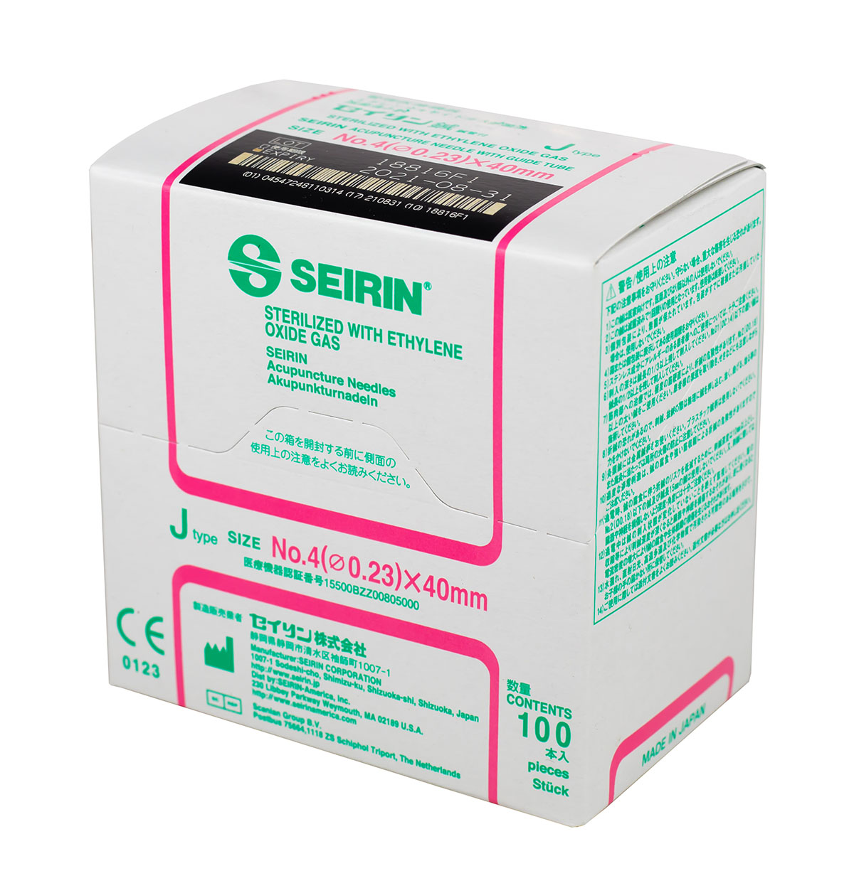 SEIRIN J-Type Acupuncture Needles Size 4 (0.23mm) x 40mm Box of 100 Needles