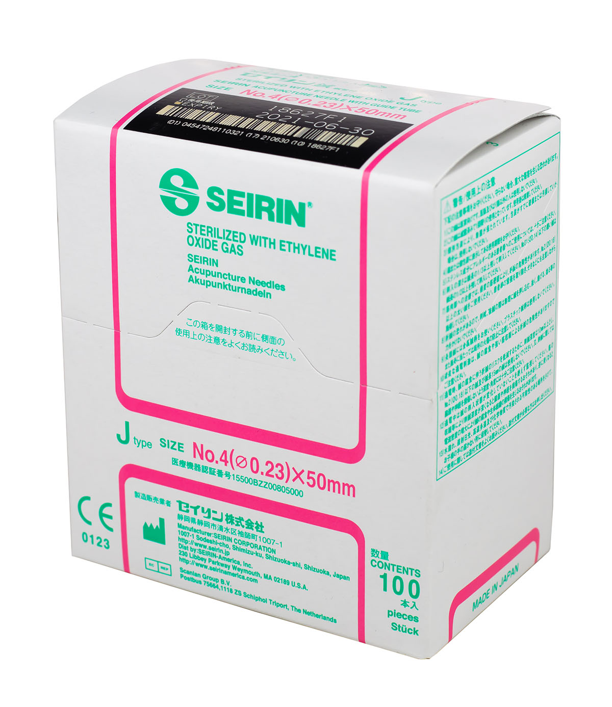 SEIRIN J-Type Acupuncture Needles Size 4 (0.23mm) x 50mm Box of 100 Needles