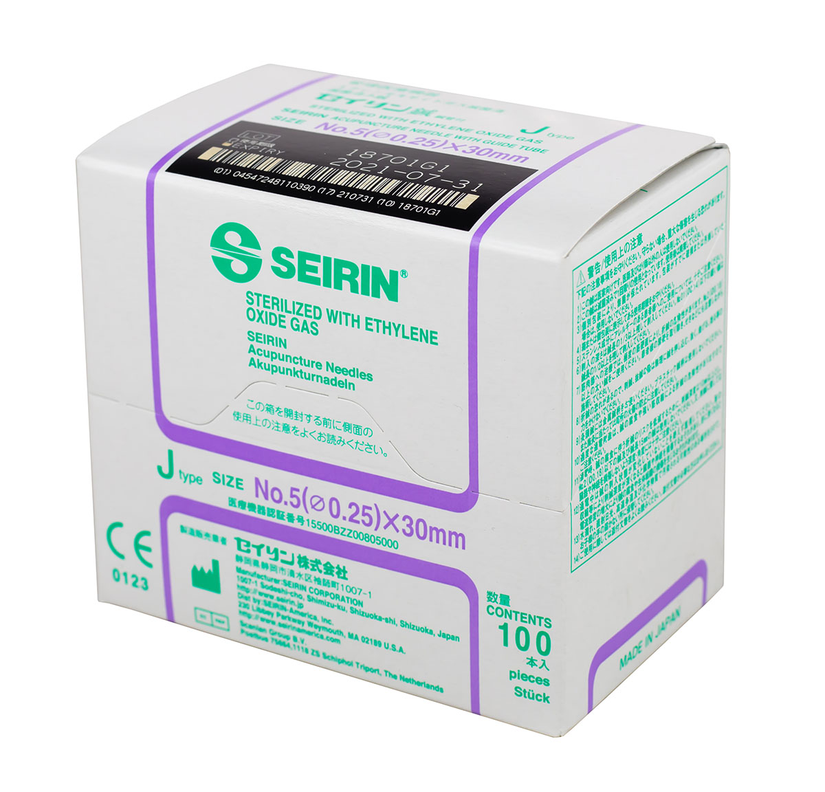 SEIRIN J-Type Acupuncture Needles Size 5 (0.25mm) x 30mm Box of 100 Needles