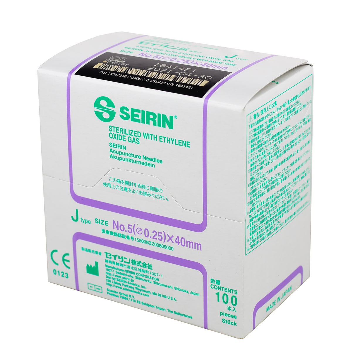 SEIRIN J-Type Acupuncture Needles Size 5 (0.25mm) x 40mm Box of 100 Needles