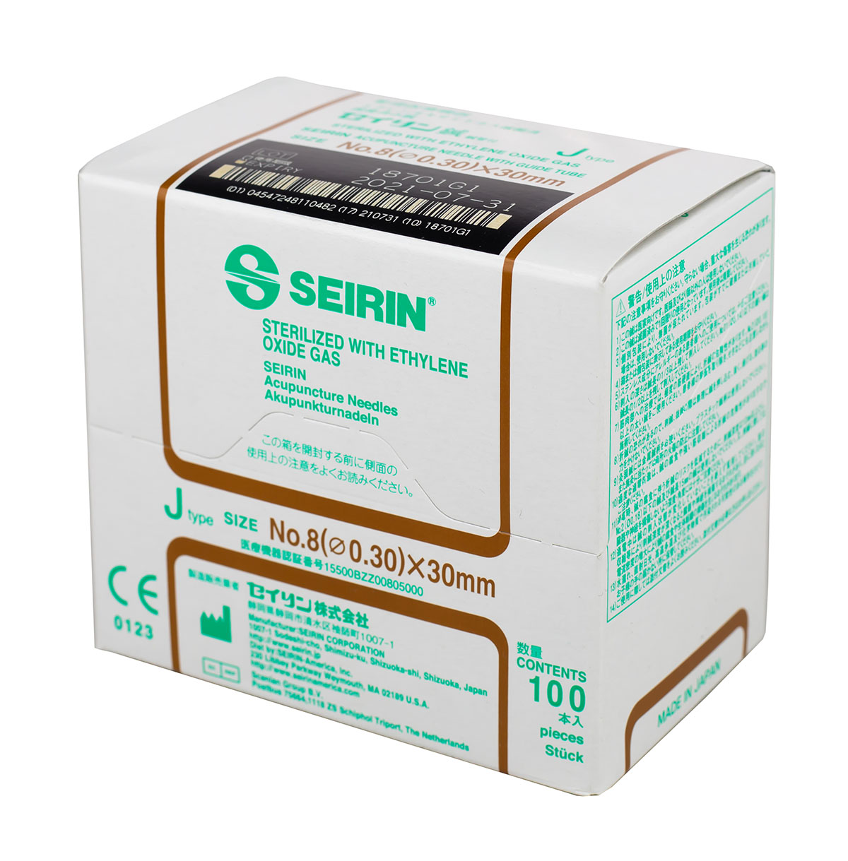 SEIRIN J-Type Acupuncture Needles Size 8 (0.30mm) x 30mm Box of 100 Needles