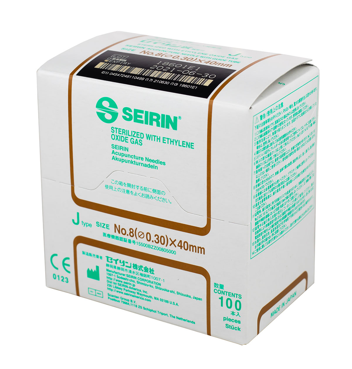 SEIRIN J-Type Acupuncture Needles Size 8 (0.30mm) x 40mm  Box of 100 Needles