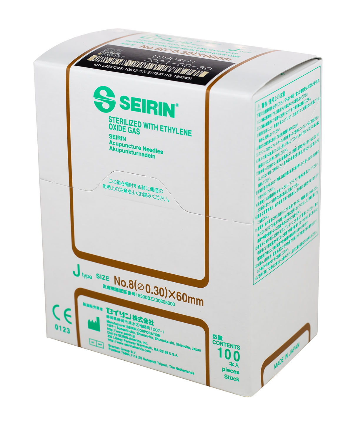SEIRIN J-Type Acupuncture Needles Size 8 (0.30mm) x 60mm Box of 100 Needles