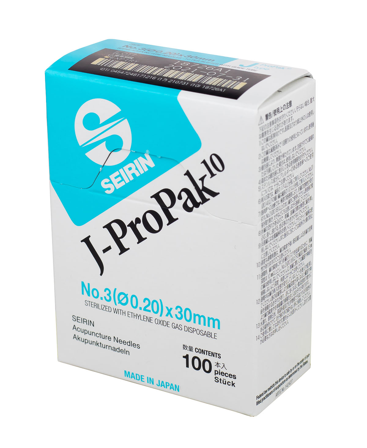 SEIRIN J-ProPak Acupuncture Needles Size 3 (0.20mm) x 30mm Box of 100 Needles