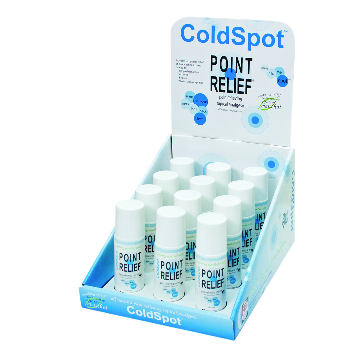 Point Relief ColdSpot Lotion - Retail Display with 12 x 3 oz Roll-on Applicator