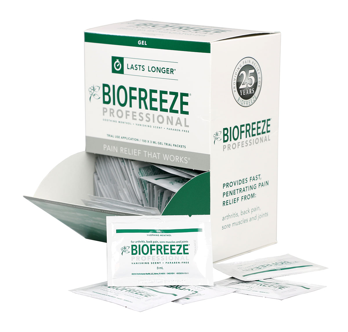 Biofreeze Professional Green Gel 3 gm single gel pack gravity dispenser box of 100