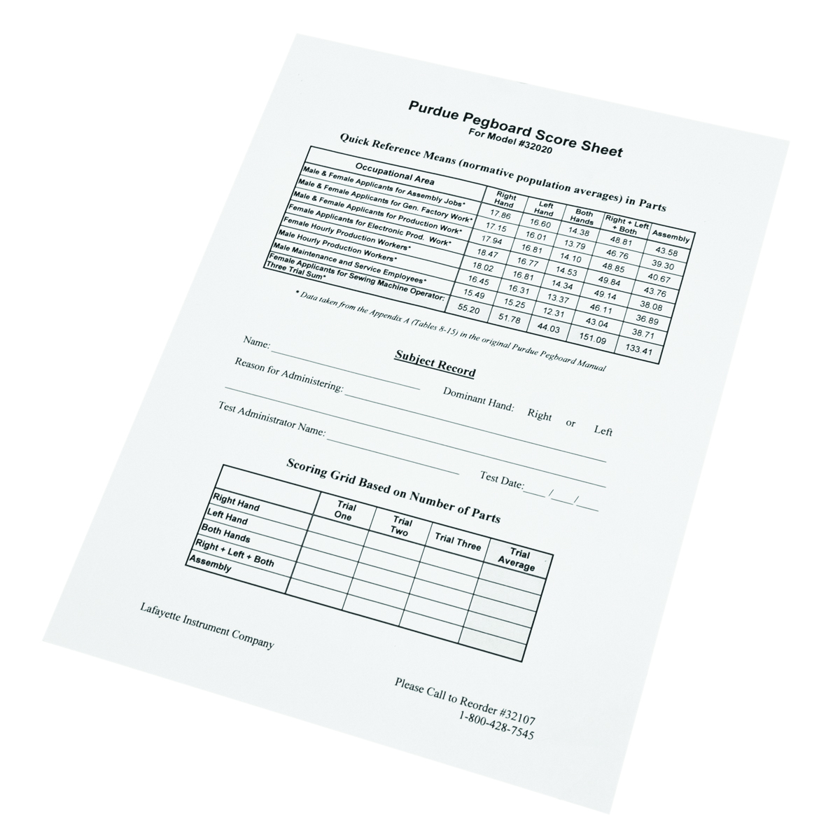 Manipulation and Dexterity Test - Purdue Pegboard Accessory - 25 Scoring Forms