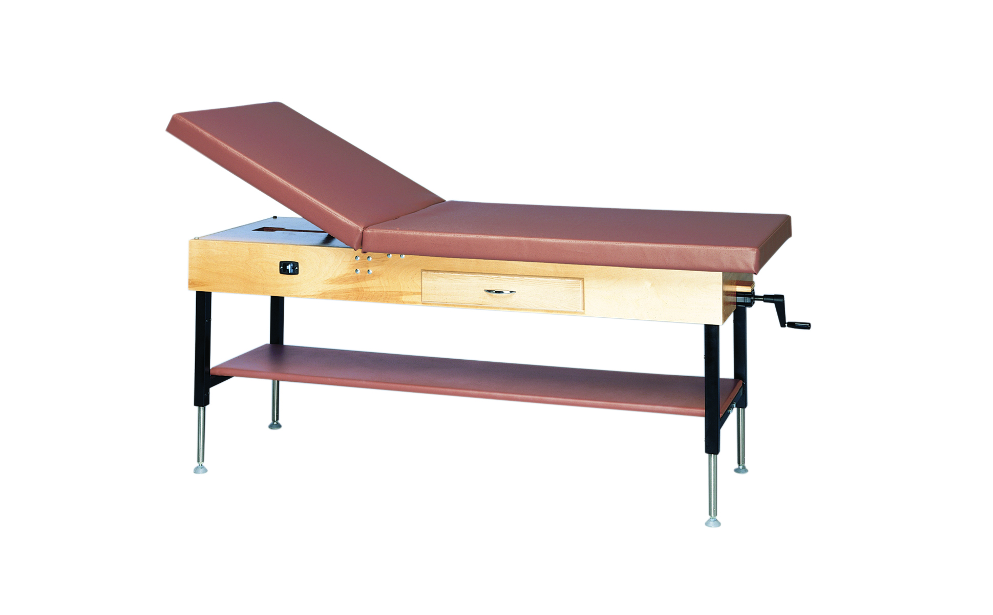 wooden treatment table - manual hi-low shelf drawer upholstered 78 L x 30 W x 25 - 33 H 2-section