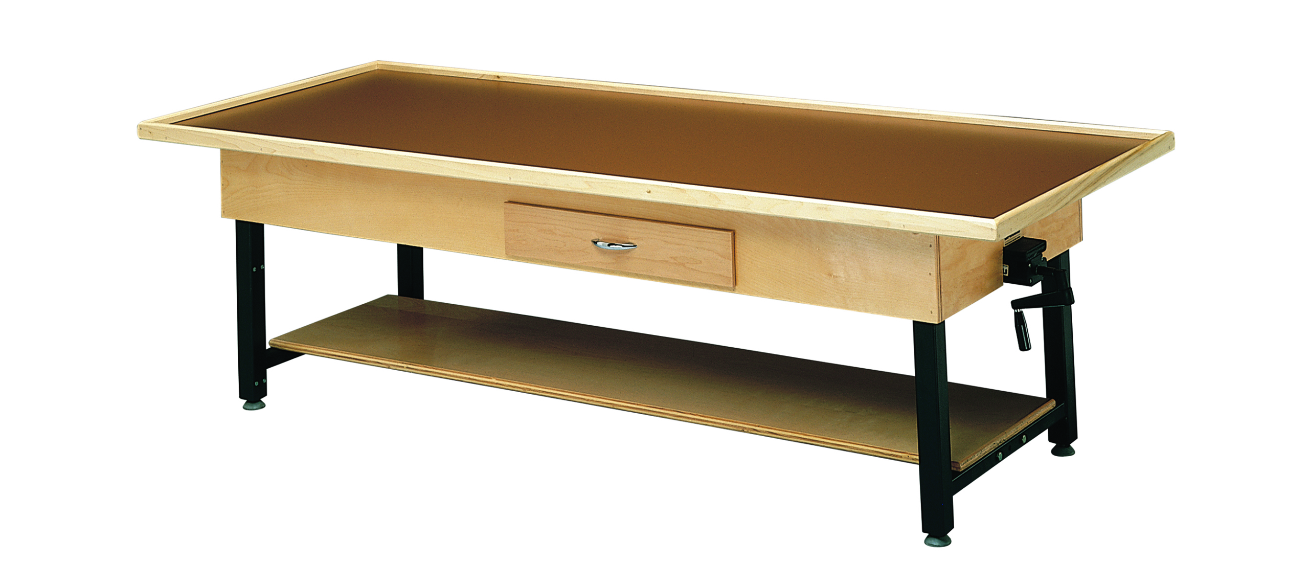 wooden treatment table - manual hi-low raised-rim shelf drawer 78 L x 30 W x 25 - 33 H