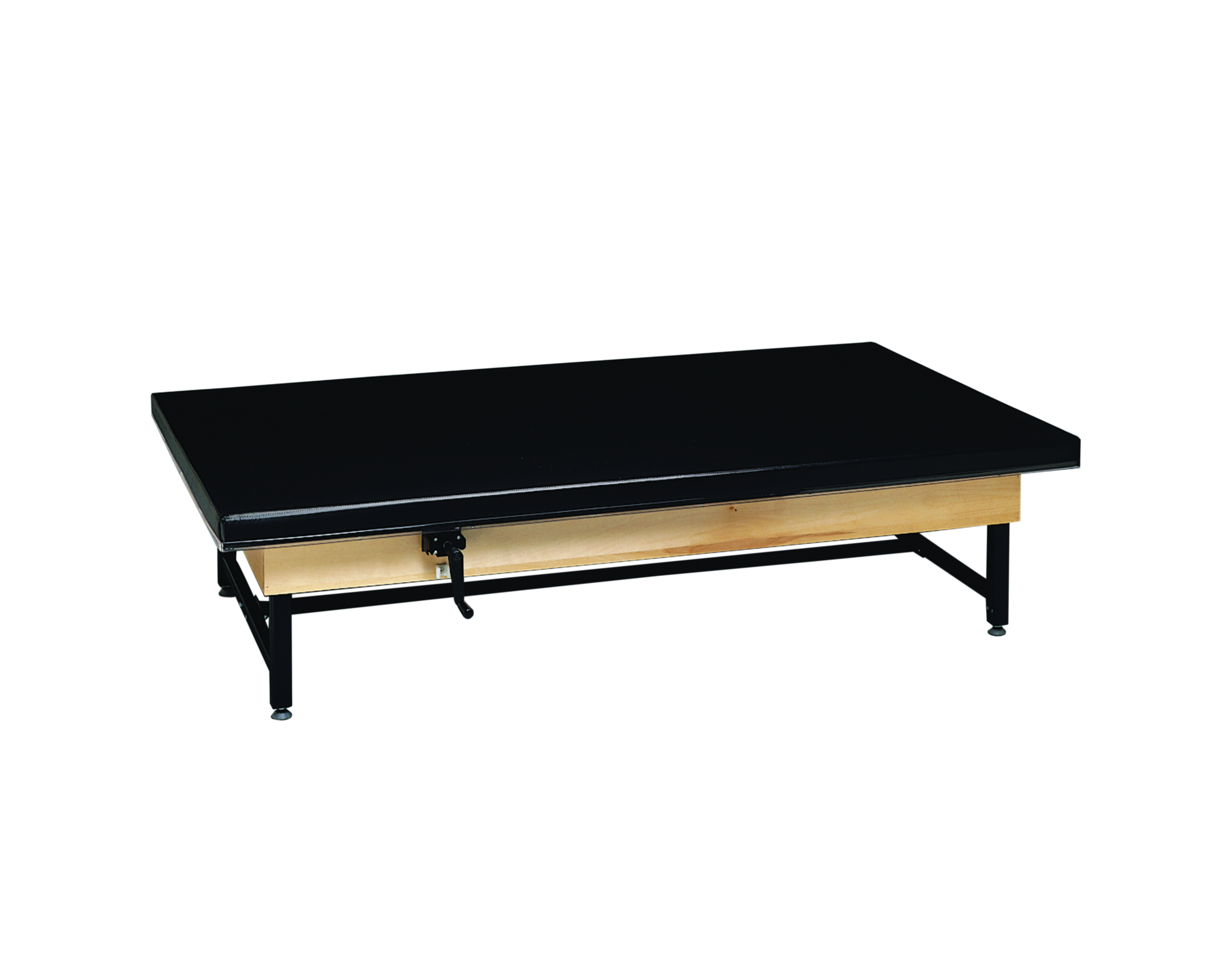 wooden platform table - manual hi-low upholstered 7' x 3' x (19 - 27)