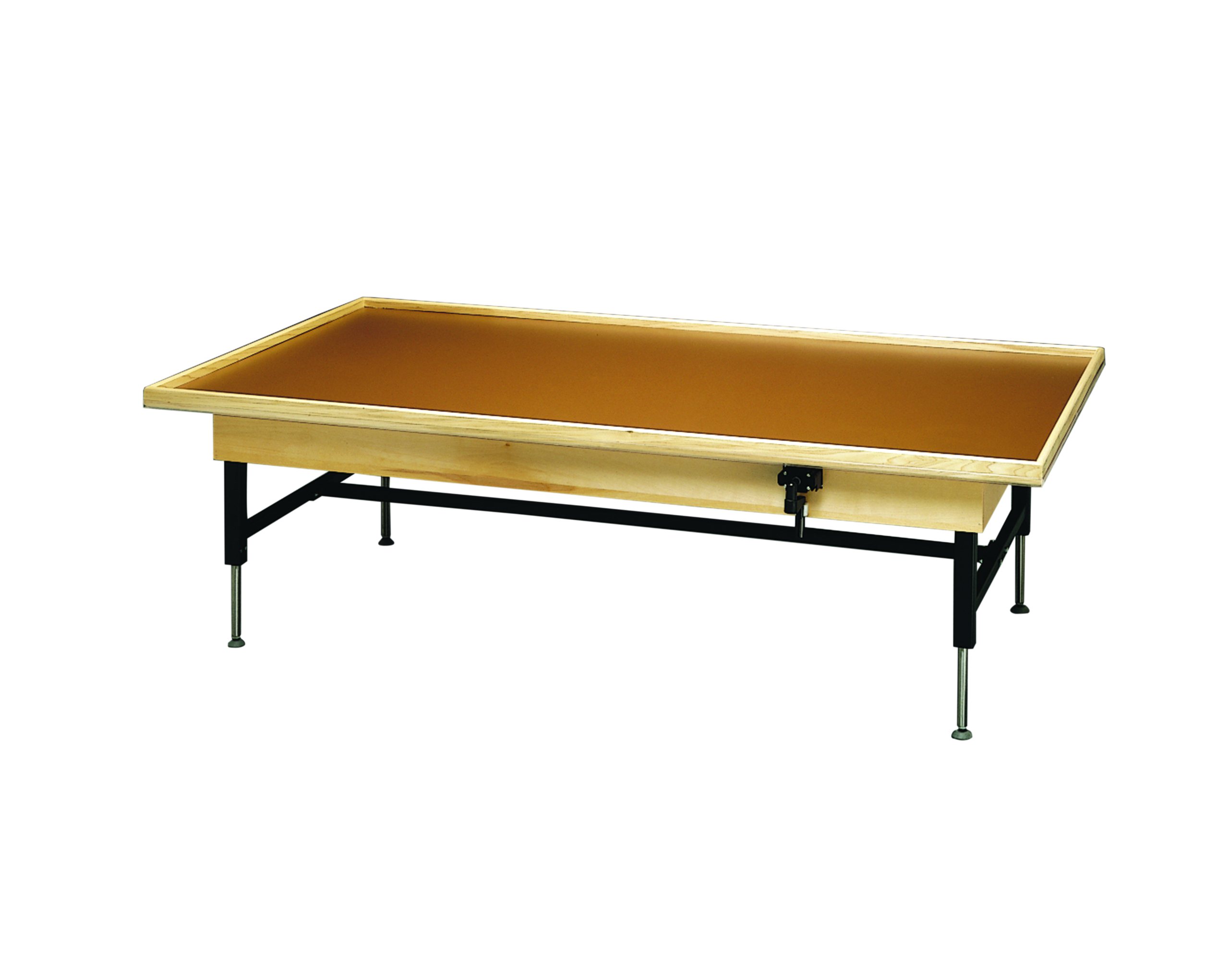 wooden platform table - manual hi-low raised-rim 7' x 3' x (19 - 27)