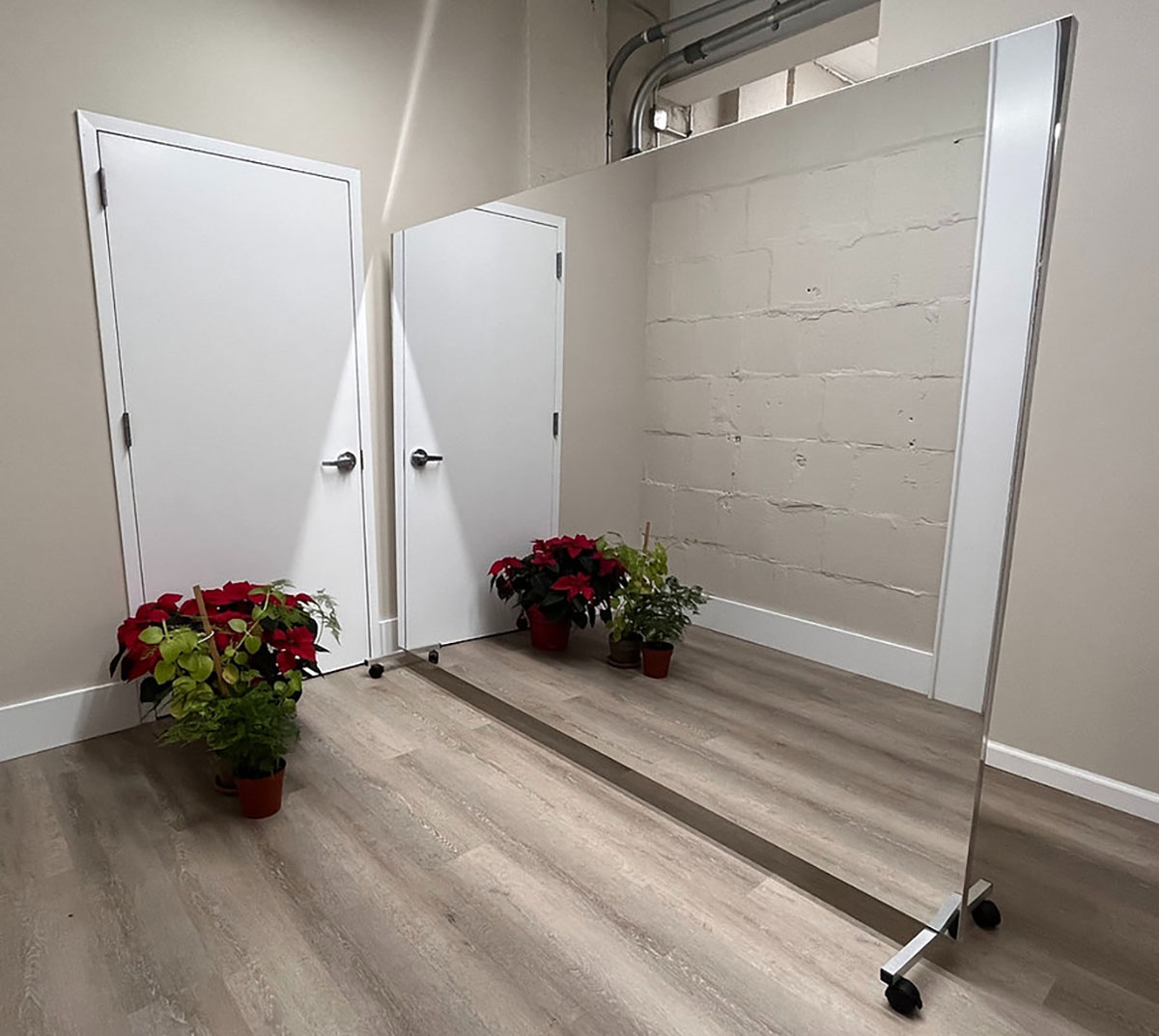 Glassless Mirror Rolling Stand and Corkboard Back Panel 48 W x 96 H
