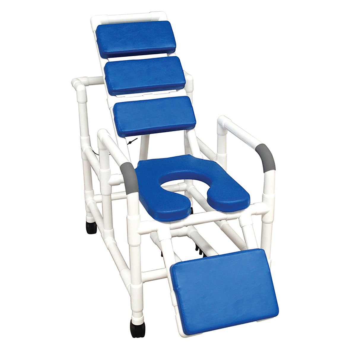 MJM International tilt n space shower chair buckle safety belt double drop arms total padding blue