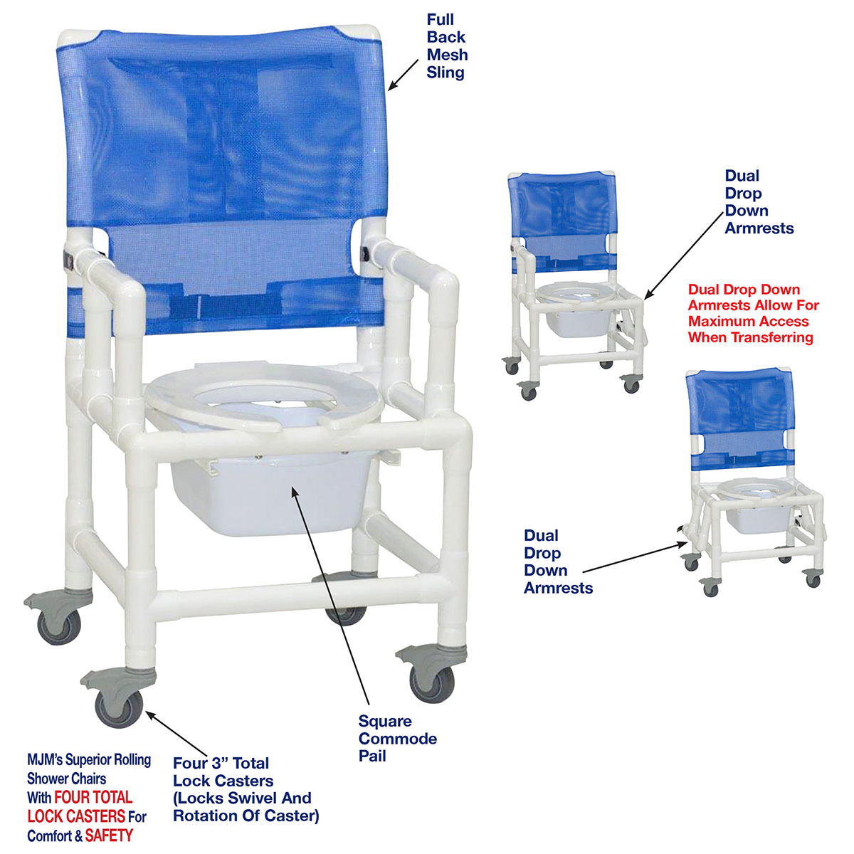 MJM International shower chair (18) dual drop down armrests square pail